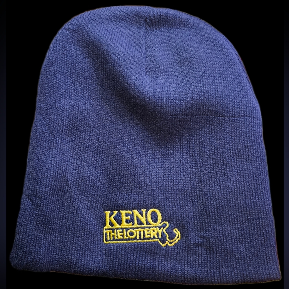 NWT UNIVERSAL NAVY BLUE & GOLD EMBROIDERY KENO THE LOTTERY BEANIE HAT O/S!